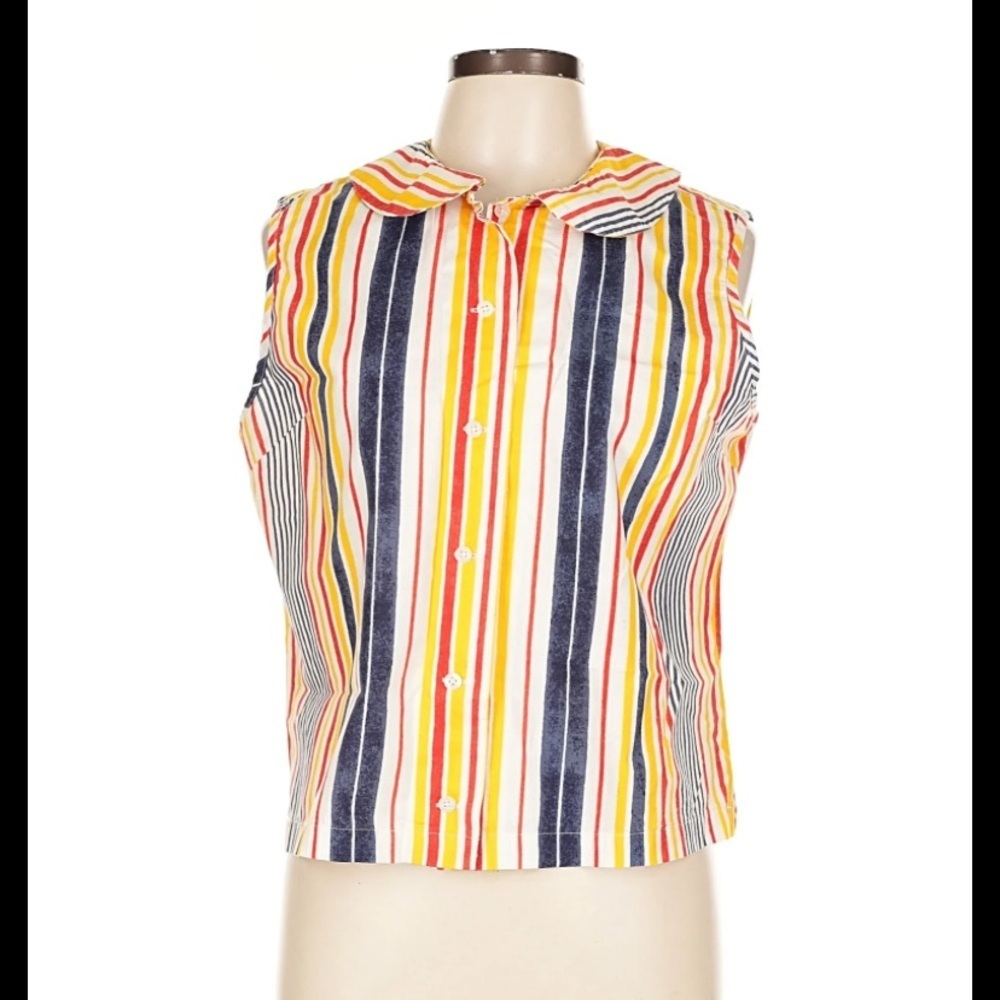 Frances Valentine striped Peter Pan tank blouse button up fall casual $198 XL